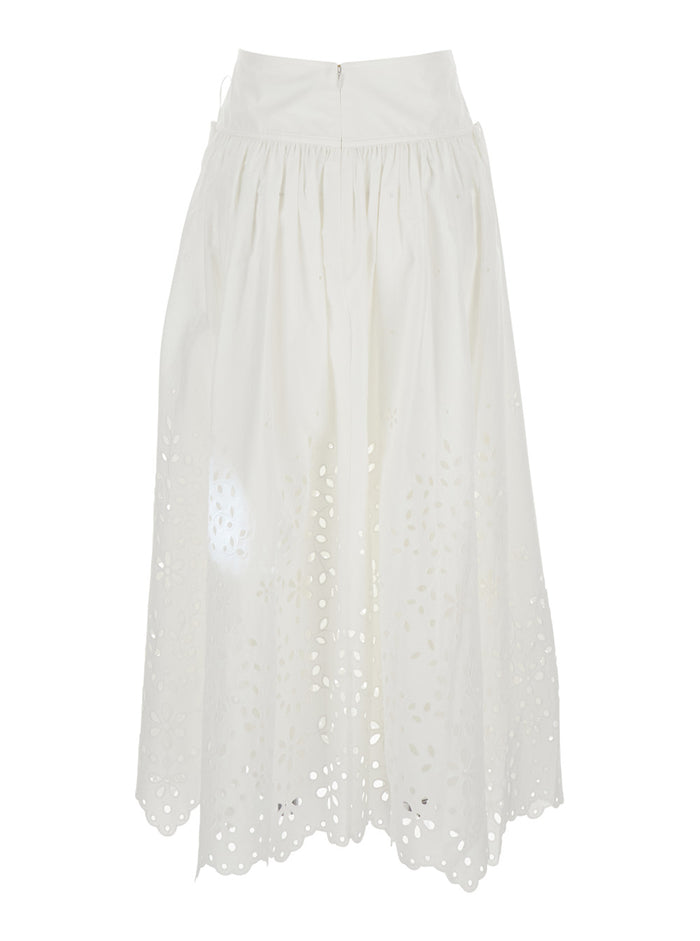 White Midi Skirt With Side Gathered Details And All-Over Embroidery Cotton Woman