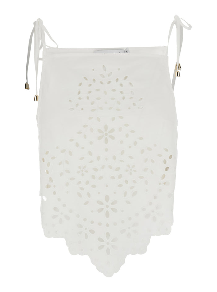 White Top With Asymmetric Hem And All-Over Embroidery Cotton Woman Tops