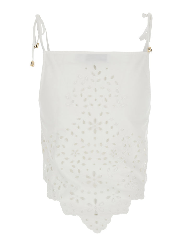 White Top With Asymmetric Hem And All-Over Embroidery Cotton Woman Tops