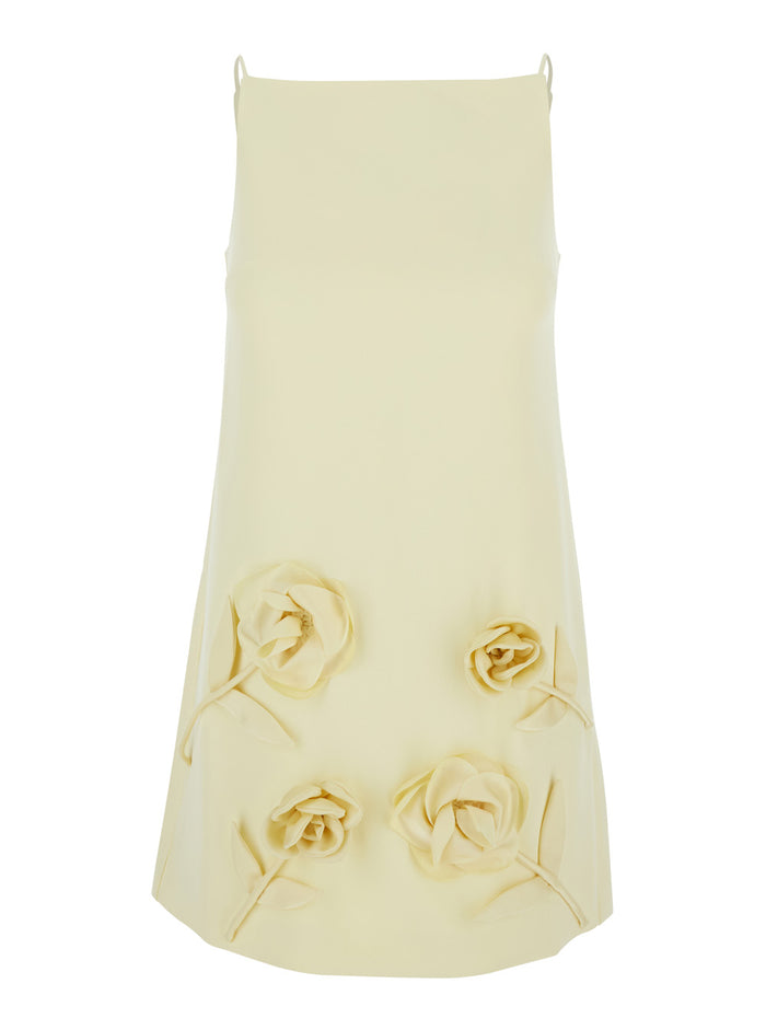 Yellow Mini Dress With Rose Patches And Spaghetti Straps Tech Fabric Woman Polyester