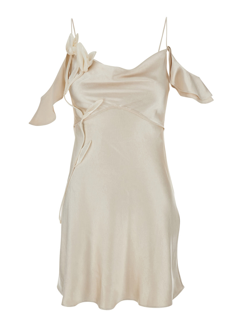 Beige Off-Shoulder Mini Dress With Ruched Details Tech Fabric Woman Polyester