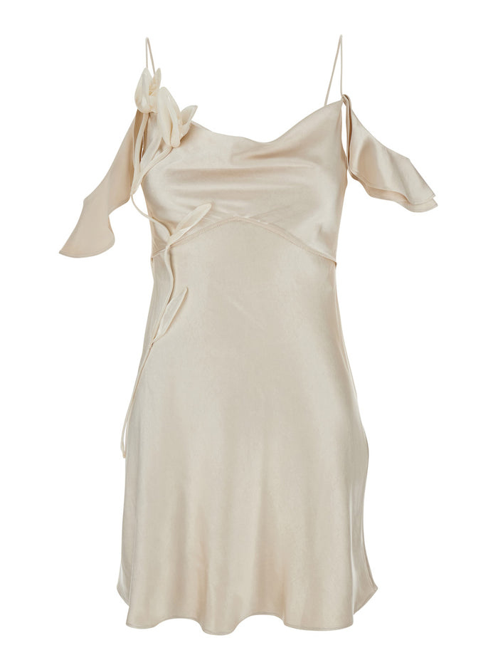 Beige Off-Shoulder Mini Dress With Ruched Details Tech Fabric Woman Polyester