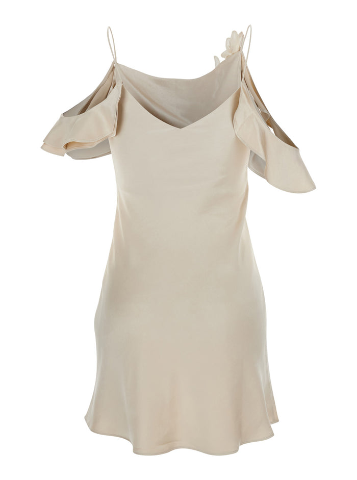 Beige Off-Shoulder Mini Dress With Ruched Details Tech Fabric Woman Polyester