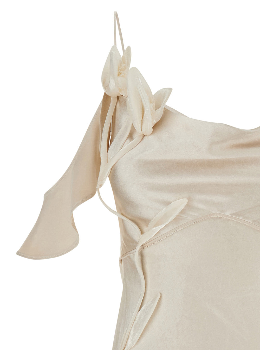 Beige Off-Shoulder Mini Dress With Ruched Details Tech Fabric Woman Polyester