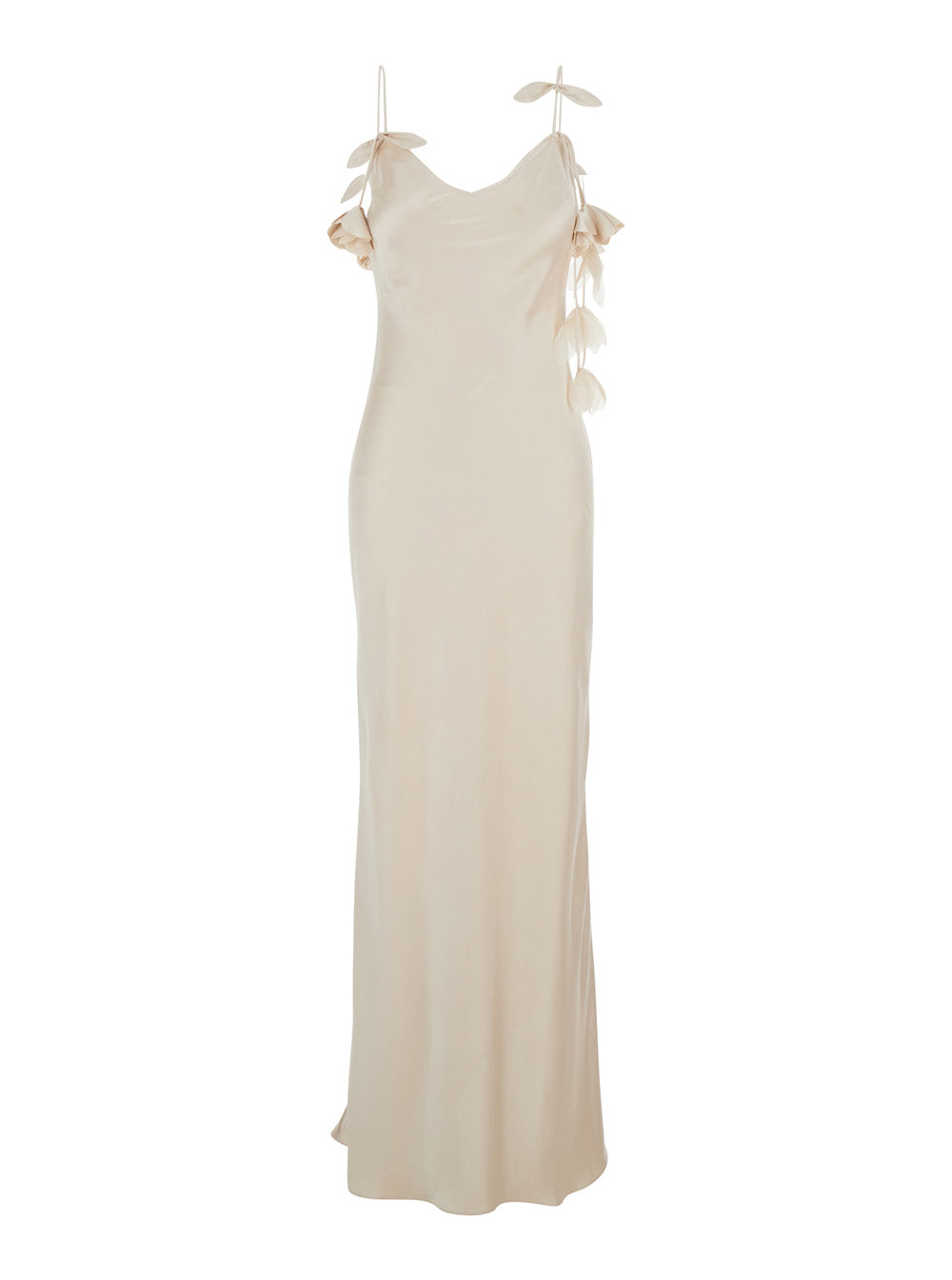 Beige Long Dress With Spaghetti Straps And Ruched Details Tech Fabric Woman Polyester