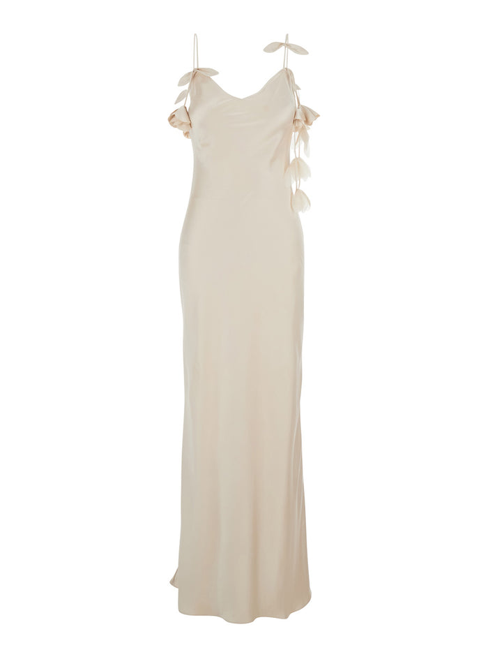 Beige Long Dress With Spaghetti Straps And Ruched Details Tech Fabric Woman Polyester