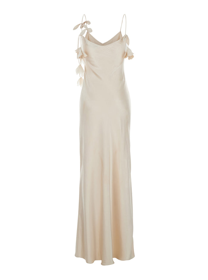 Beige Long Dress With Spaghetti Straps And Ruched Details Tech Fabric Woman Polyester