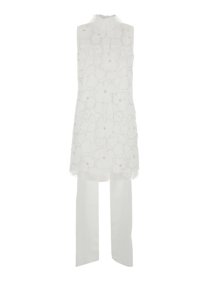 White Crewneck Sleeveless Mini Dress With All-Over Floral Embroidery And Maxi Bow On The Rear Tech Fabric Woman Polyester