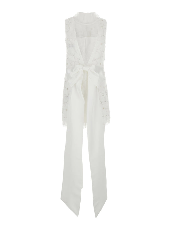 White Crewneck Sleeveless Mini Dress With All-Over Floral Embroidery And Maxi Bow On The Rear Tech Fabric Woman Polyester