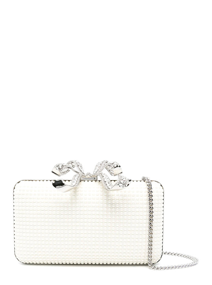 White Clutch With Pearls Embellishment And Bow Detail Tech Fabric Woman Polyester Elastane Clutches Pochettes