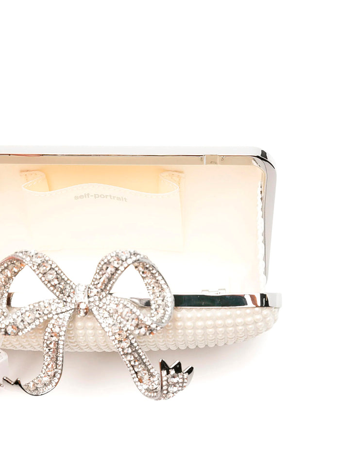 White Clutch With Pearls Embellishment And Bow Detail Tech Fabric Woman Polyester Elastane Clutches Pochettes