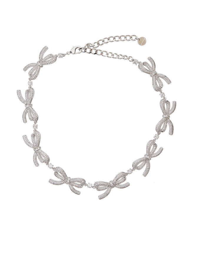 Silver-Colored Necklace With All-Over Bows And Rhinestone Decorations Brass Woman Metallic Necklaces