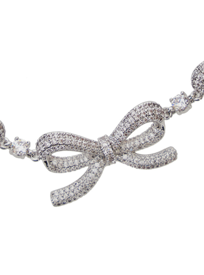Silver-Colored Necklace With All-Over Bows And Rhinestone Decorations Brass Woman Metallic Necklaces