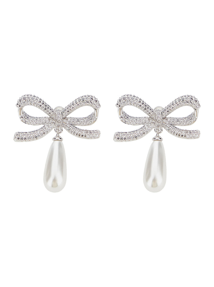 Crystal Bow Silver-Colored Earrings With Pendant And Rhinestone Decorations Brass Woman Metallic