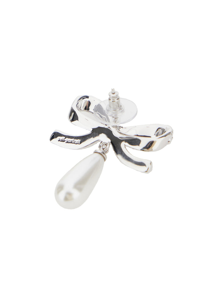 Crystal Bow Silver-Colored Earrings With Pendant And Rhinestone Decorations Brass Woman Metallic