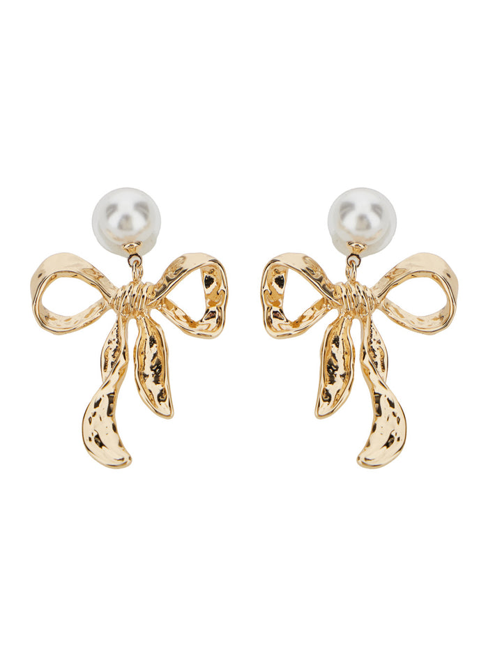 Gold-Colored Earrings With Pearl And Bow Design Brass Woman Metallic