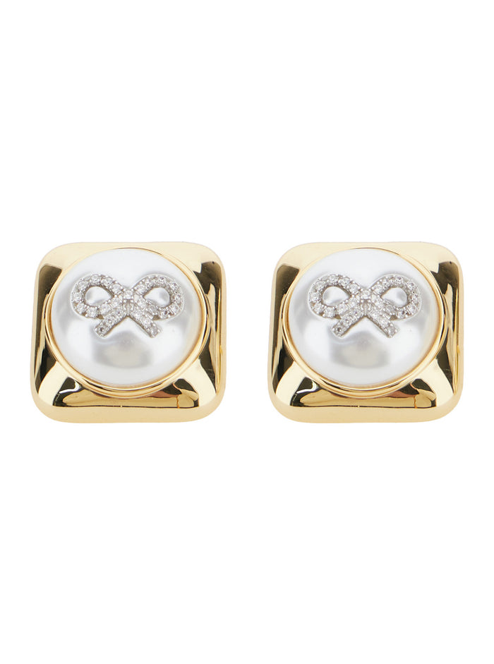 Gold-Colored Earrings With Square Design And Bow Detail Brass Woman Metallic