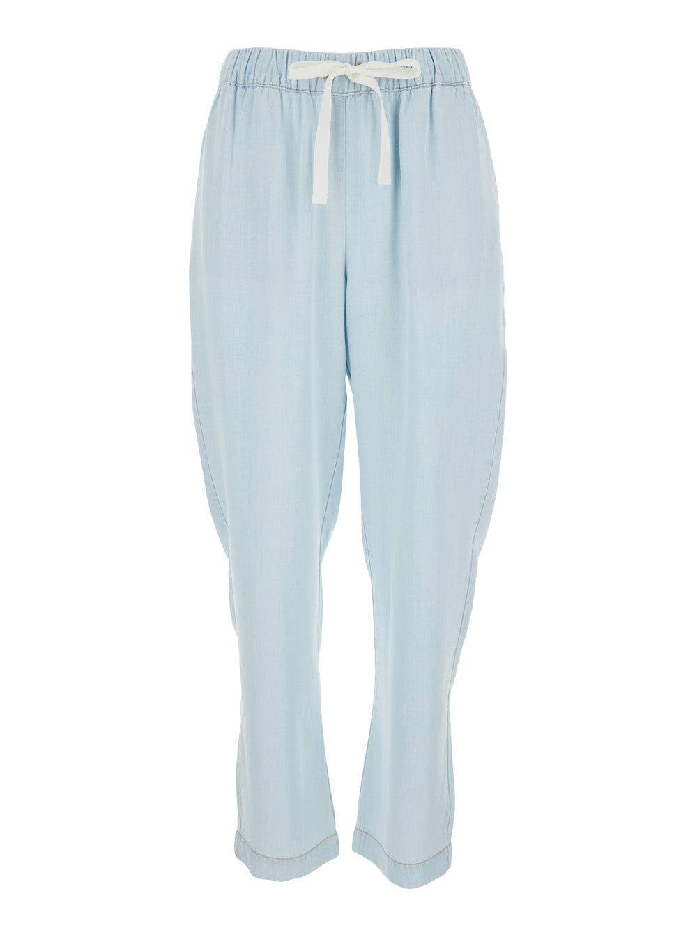 Light Blue Pants With Elastic Waist Drawstring And Contrasting Stitching Fabric Woman Lycra Trousers