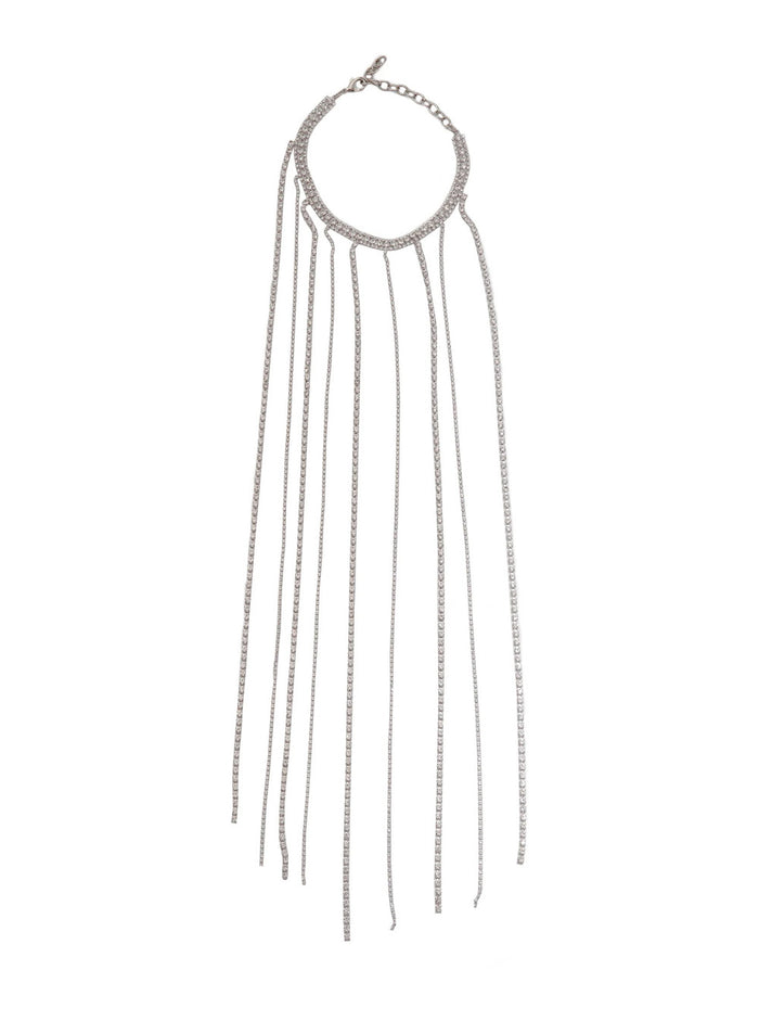 Silver-Colored Necklace with All-Over Applied Glass Crystals and Adjustable Clasp in Brass Woman Metallic Necklaces
