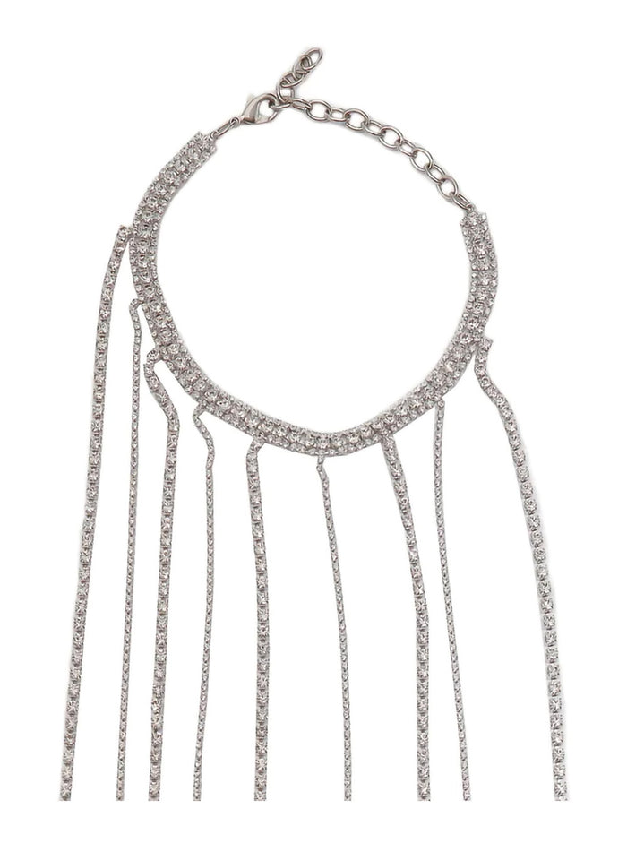 Silver-Colored Necklace with All-Over Applied Glass Crystals and Adjustable Clasp in Brass Woman Metallic Necklaces