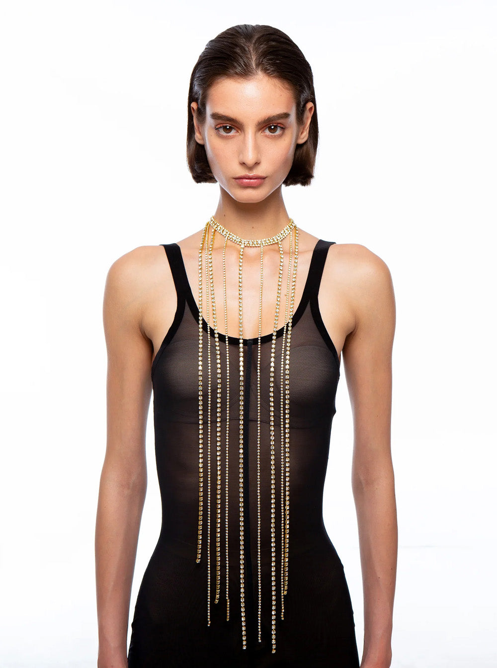 Metallic-Colored Necklace with All-Over Applied Glass Crystals and Adjustable Clasp in Brass Woman Necklaces