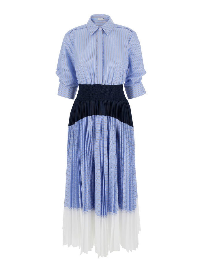 Jenella Light Blue Long Dress With Classic Collar And Striped Motif Cotton Blend Woman Polyester