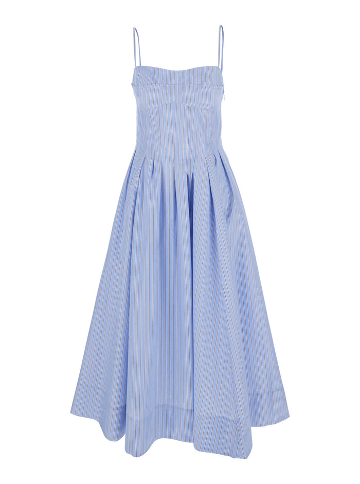 Kittyia Light Blue Long Dress With A-Line Skirt Adn All-Over Striped Motif Cotton Blend Woman Polyester
