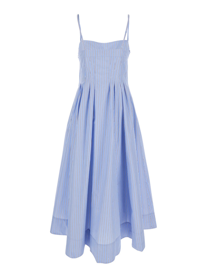 Kittyia Light Blue Long Dress With A-Line Skirt Adn All-Over Striped Motif Cotton Blend Woman Polyester
