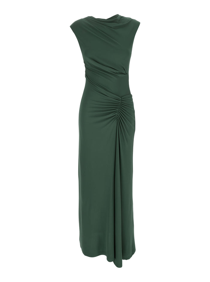 Acacia Green Crewneck Sleeveless Long Dress With Ruched Details On The Waist Rayon Stretch Woman Elastane
