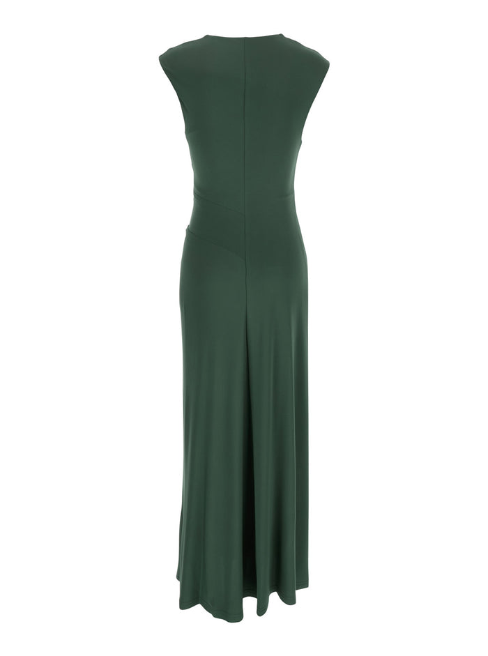 Acacia Green Crewneck Sleeveless Long Dress With Ruched Details On The Waist Rayon Stretch Woman Elastane