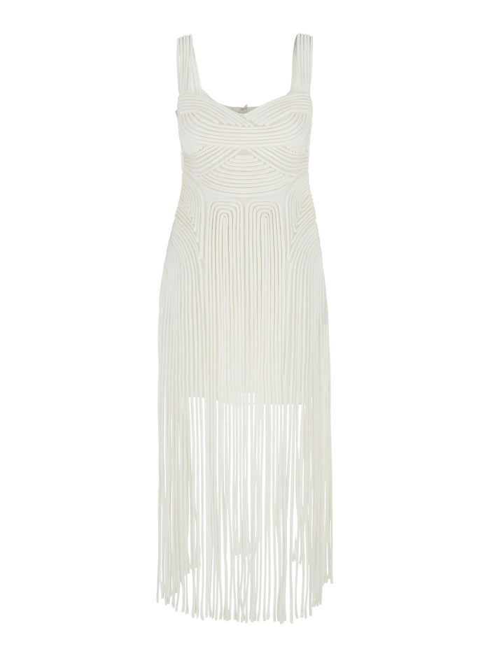 Darby White Midi Dress With Fringed Hem And All-Over Soutache Embroidery Acetate Blend Woman Polyethylene
