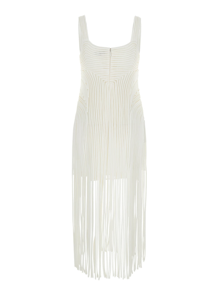 Darby White Midi Dress With Fringed Hem And All-Over Soutache Embroidery Acetate Blend Woman Polyethylene