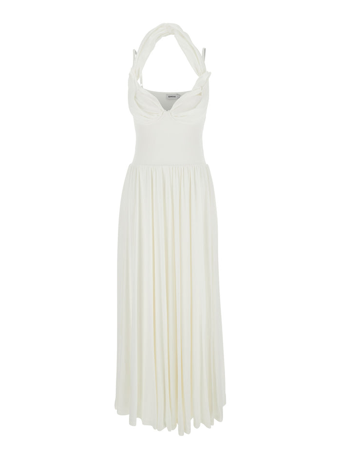 Amarantha White Off-Shoulder Long Dress With Pleated Details Rayon Stretch Woman Elastane