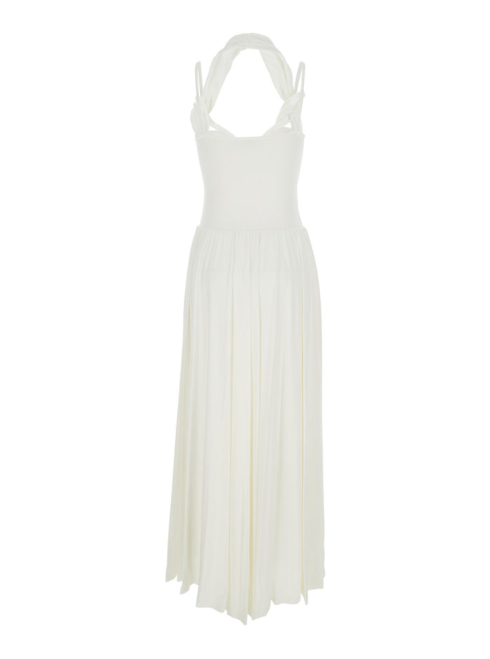 Amarantha White Off-Shoulder Long Dress With Pleated Details Rayon Stretch Woman Elastane