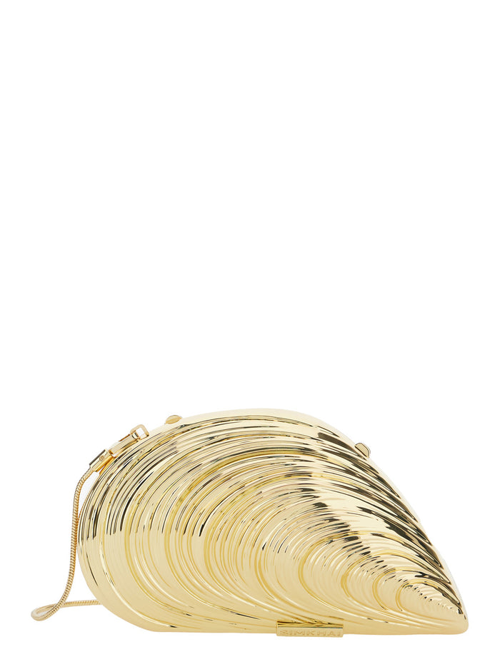 Bridget Metallic Clutch With Logo Patch And Oyster Shell Design Brass Woman Crossbody Bags