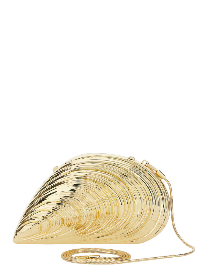 Bridget Metallic Clutch With Logo Patch And Oyster Shell Design Brass Woman Crossbody Bags