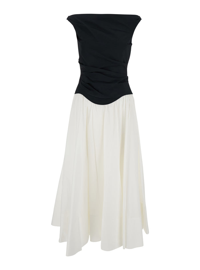 Cersei Black And White Off-Shoulder Midi Dress With Flared Skirt Cotton Blend Woman White/black Polyester