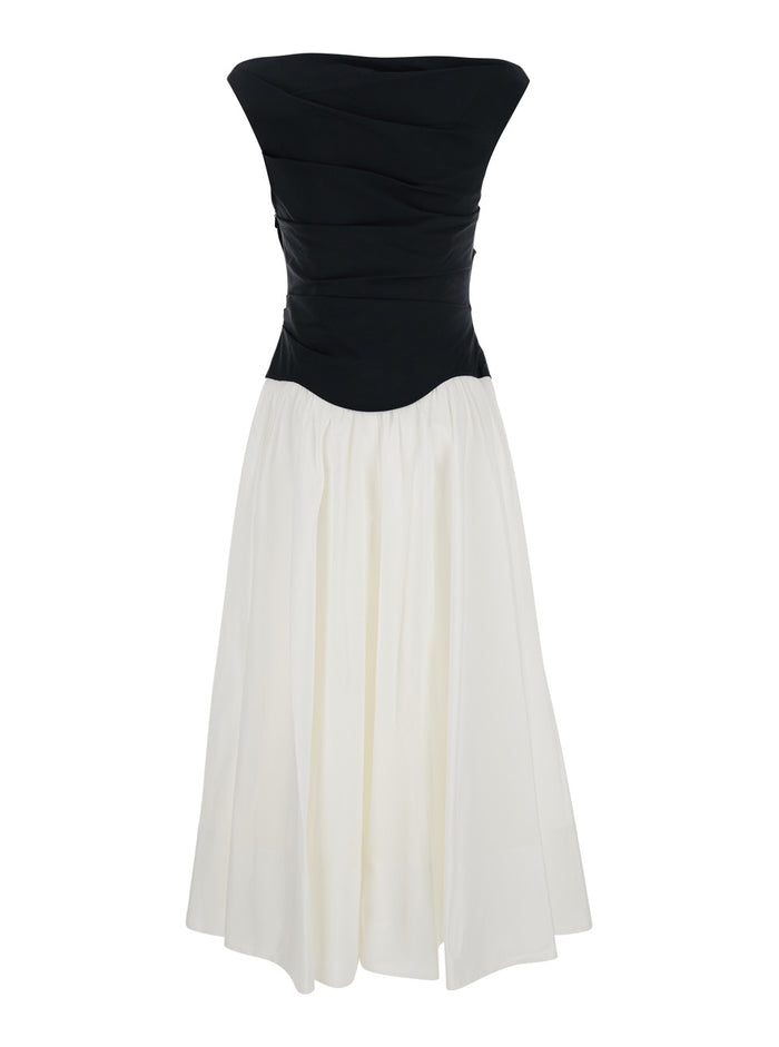 Cersei Black And White Off-Shoulder Midi Dress With Flared Skirt Cotton Blend Woman White/black Polyester