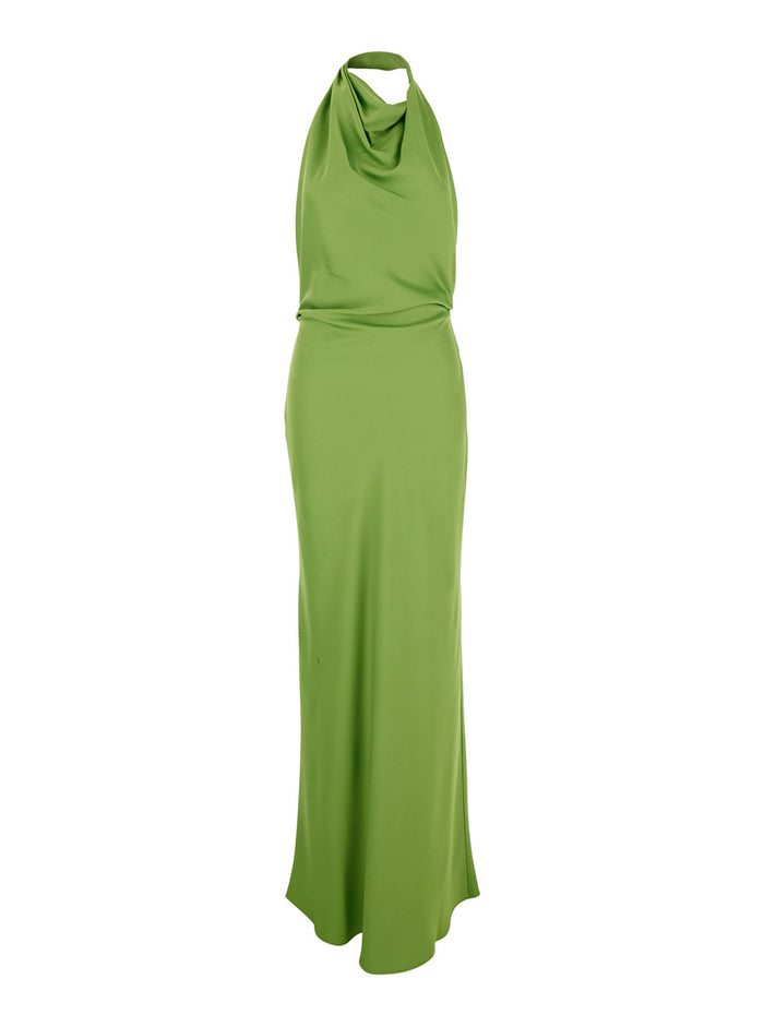 Reannon Green Long Dress With Halterneck And Front Ruches Tech Fabric Woman Acetate Polyester