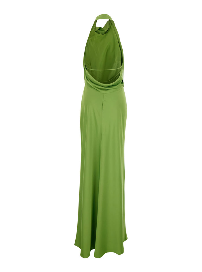 Reannon Green Long Dress With Halterneck And Front Ruches Tech Fabric Woman Acetate Polyester