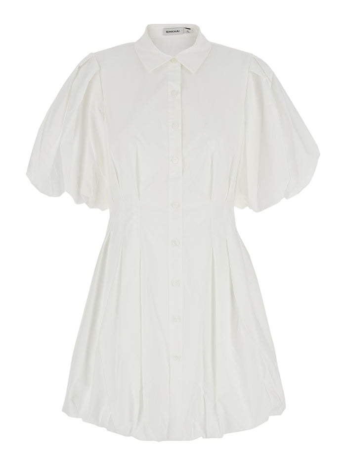 Cleo White Dress With Classic Collar And Puffed Skirt Cotton Blend Woman Polyester