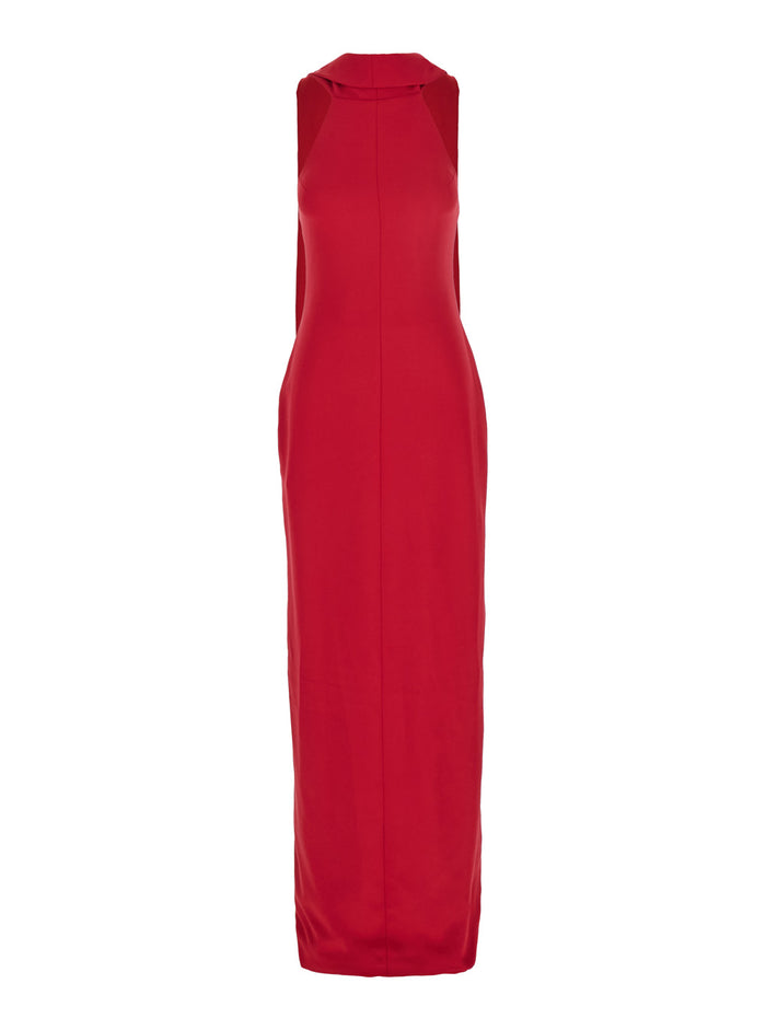 Emerson Red Sleeveless Long Dress with Halterneck and Attatched Scarf on the Rear in Viscose Stretch Woman