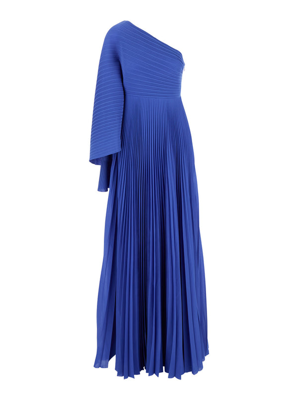 Blue One-Shoulder Long Dress With Pleated Effect Polyester