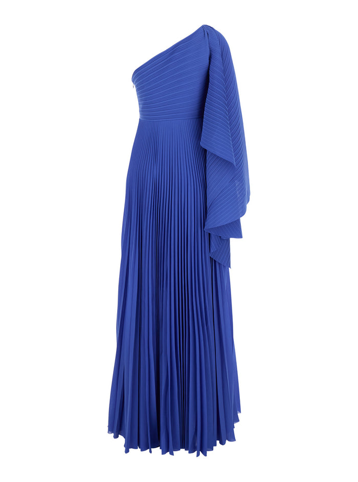 Maci Blue One-Shoulder Long Dress with Pleated Effect in Tech Fabric Woman Blu 100 % Polyester