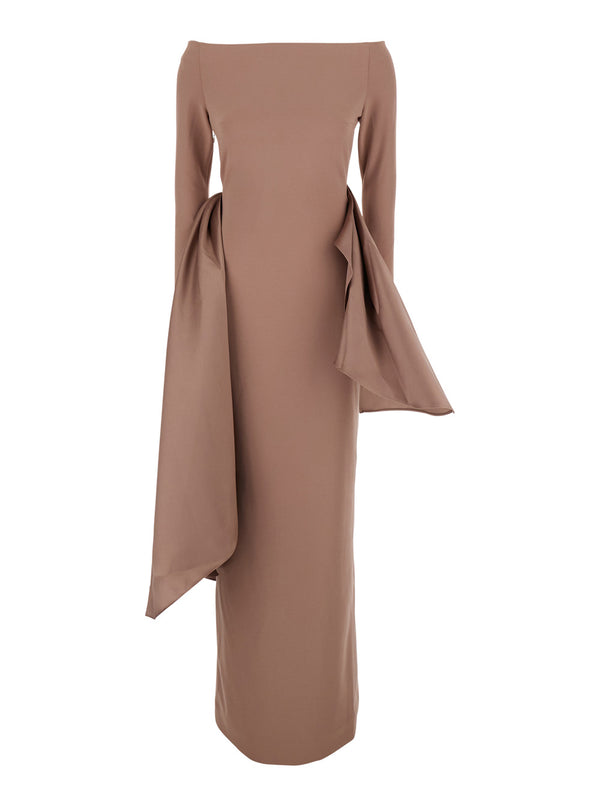 Brown Long Dress With Boat Neckline Polyester