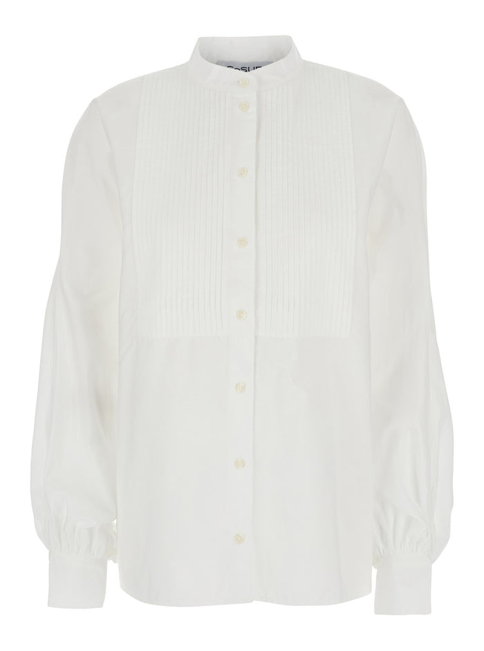 Antonia White Blouse With Mandarin Collar And Striped Details Cotton Woman Shirts Blouses