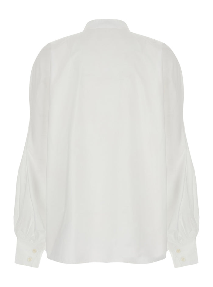 Antonia White Blouse With Mandarin Collar And Striped Details Cotton Woman Shirts Blouses