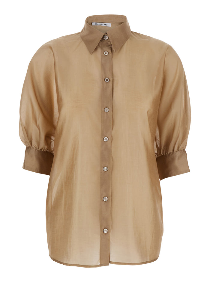 Antonia Gold Colored Blouse With Classic Collar And Front Closure Buttons Tech Fabric Woman Metallic Lyocell Polyester Shirts Blouses