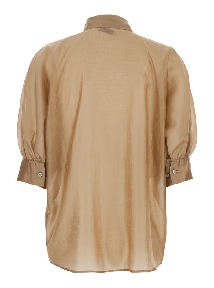 Antonia Gold Colored Blouse With Classic Collar And Front Closure Buttons Tech Fabric Woman Metallic Lyocell Polyester Shirts Blouses