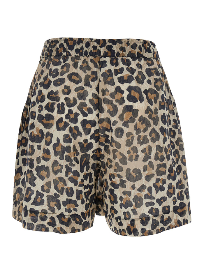 Multicolor Shorts With Elasticated Waist And All-Over Leopard Motif Cotton Woman Bermuda